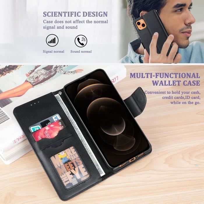 Coque Pour iPhone 13 Pro (6.1'') Effet Cuir Noir + Verres Trempés Vitre Protection d'écran