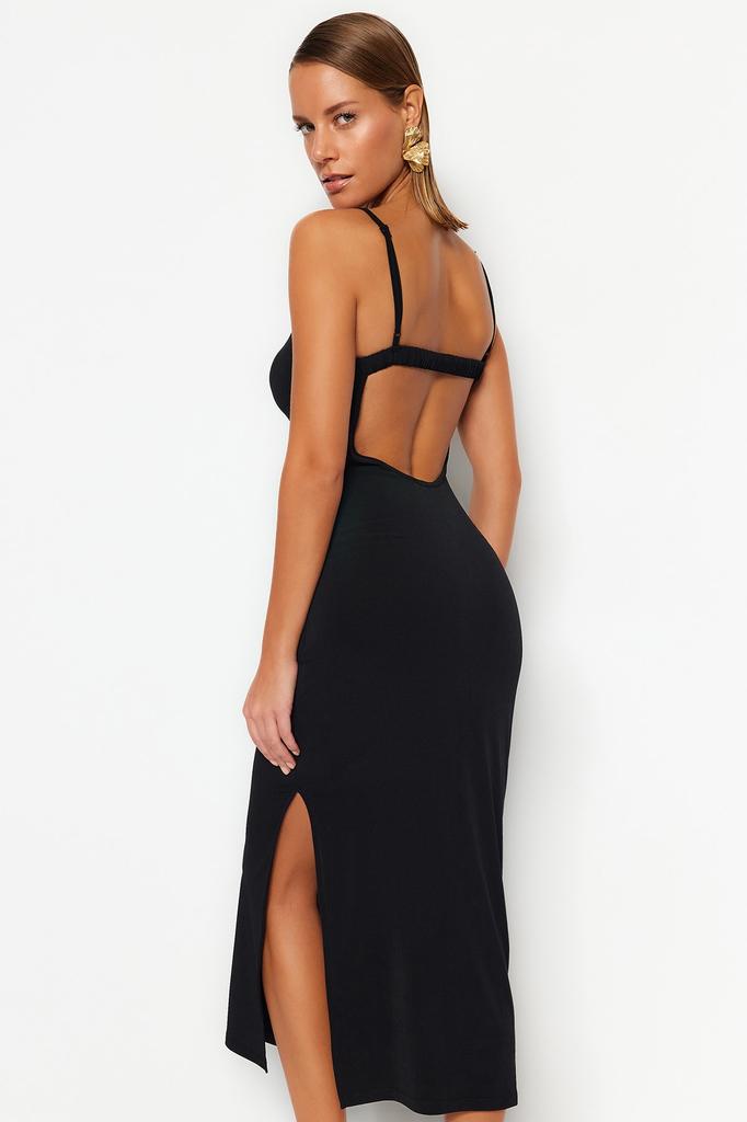 Women's Fashion New Dress Black Fitted Maxi Knitted Backless Beach Dress