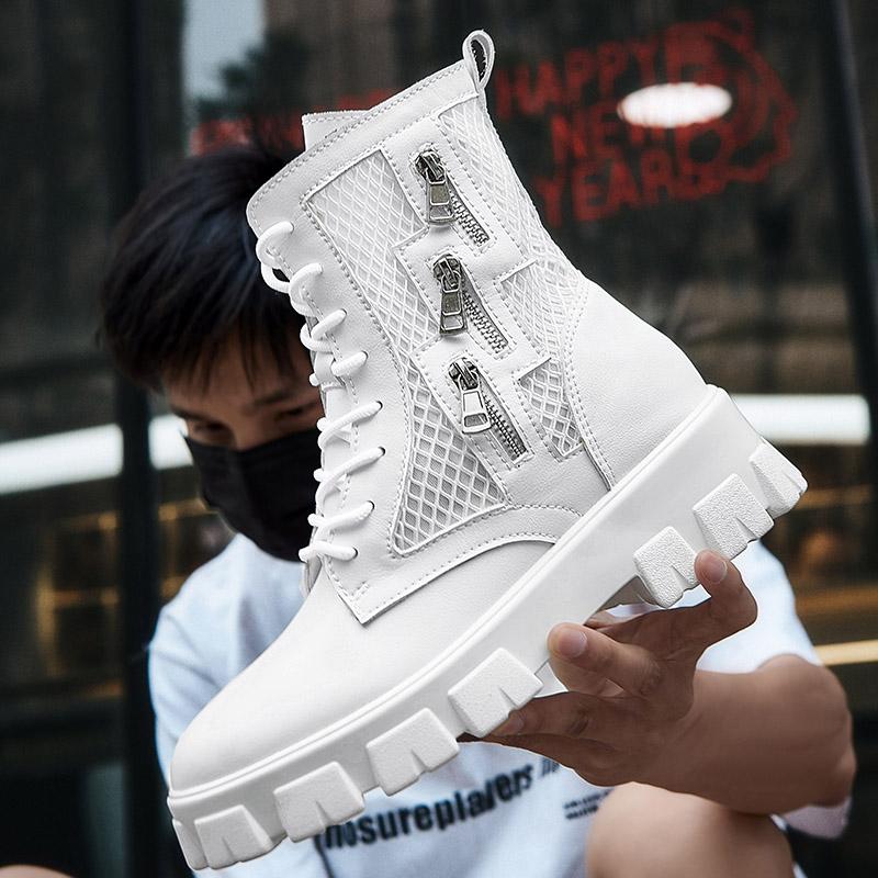 Новые мужские ботинки в британском стиле, сетчатые летние ботильоны Yuppie, мужские ботинки 2024 года в стиле панк-стрит, кроссовки на молнии, модная обувь для мужчин