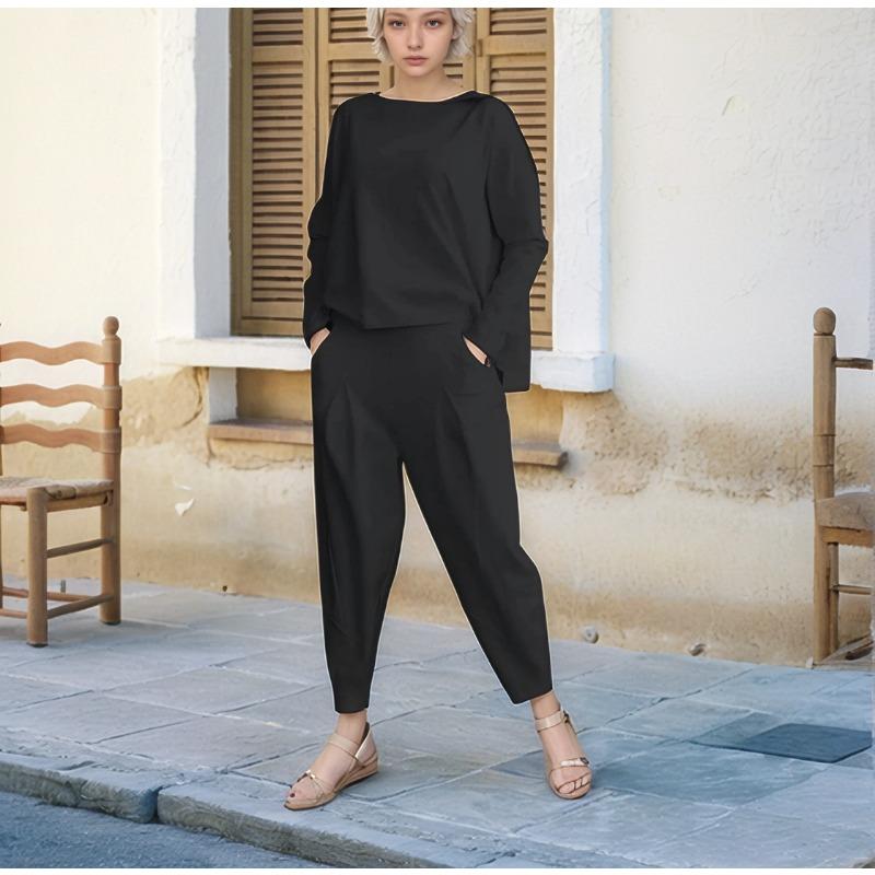 Модная повседневная рубашка с круглым вырезом и длинным рукавом, комплект из двух частей, свободные брюки, осенний однотонный костюм больших размеров с карманами, женская одежда 1846