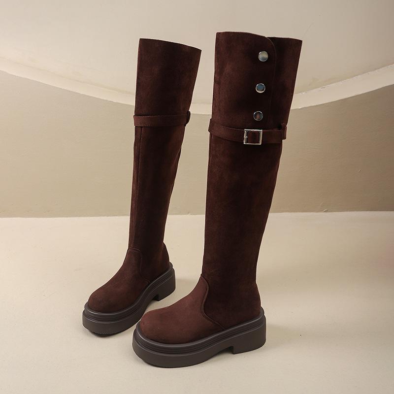 Over-knee Boots Women's Thick-soled Inner Height Increase Merad Long-tube Boots Thick-soled Large-tube Circumference Widened Fat Mm Large Size Velvet