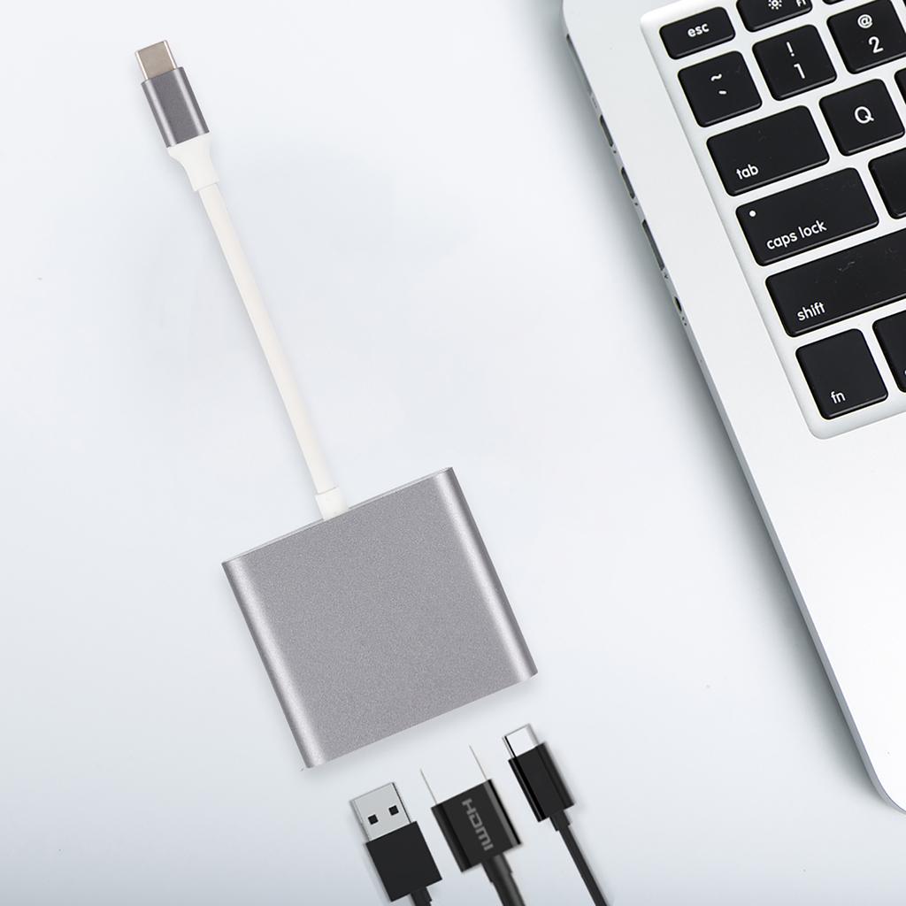 HC 04 Multifunction 3 In 1 Hub Type C To HDMI Output HD Converter Adapter Dock Station(gray )