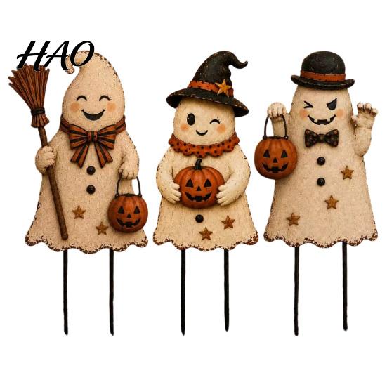 Spooky Pumpkin Yard Signs Halloween Cute Ghost Ground Stakes, Metal Art Sculpture with Pumpkin/Broomstick Elements for Outdoor Path Markers