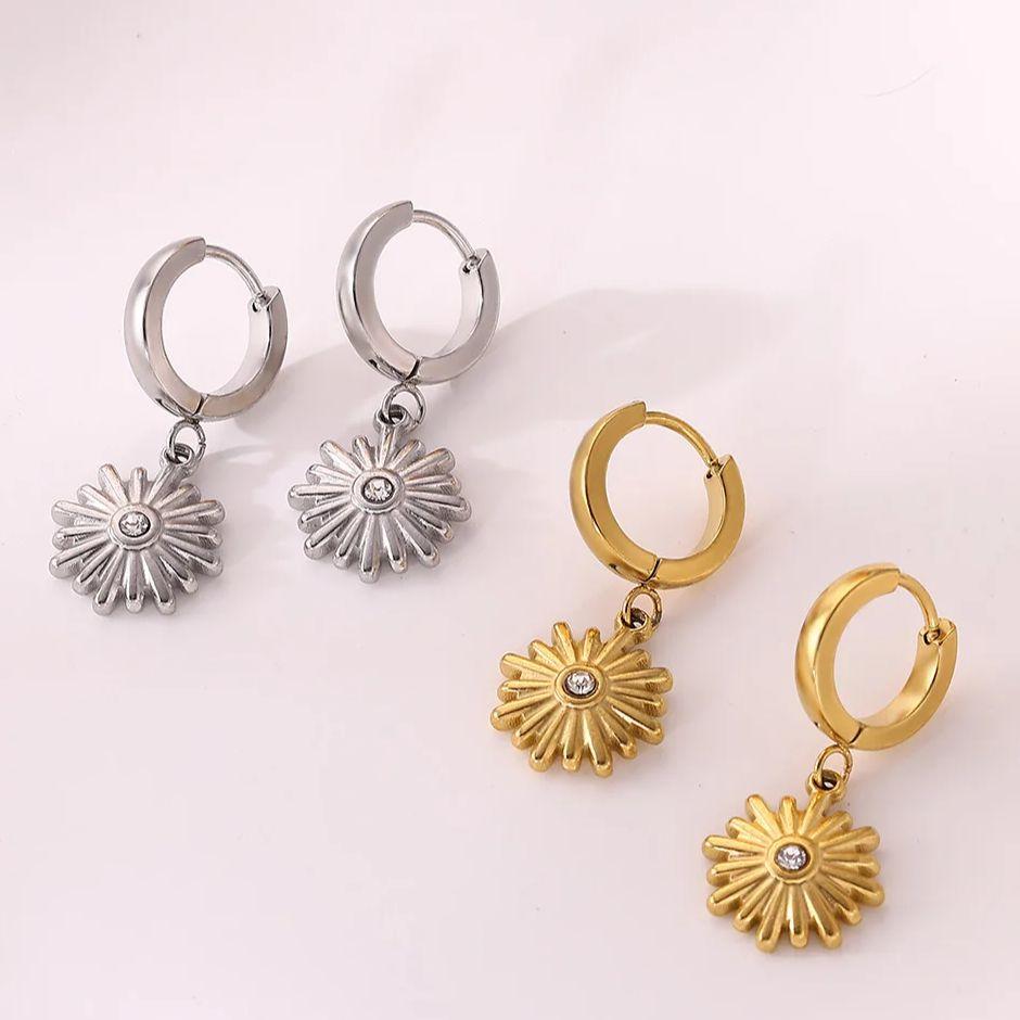 Zircon Sunflower Dangle Earrings For Women Gold Color Stainless Steel Geometric Sunflower Earring Wedding Christmas Jewelry