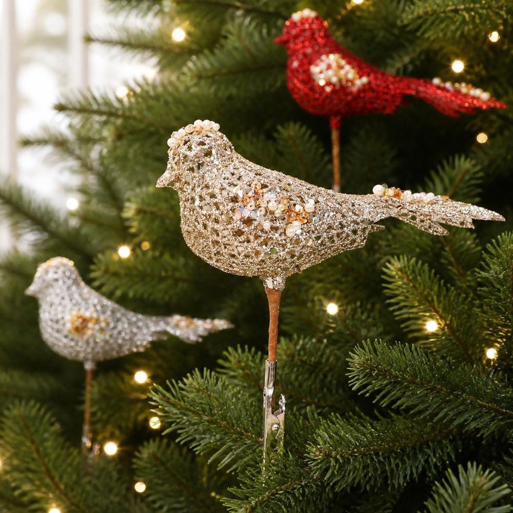 with Sequins and Pearl Christmas Tree Hanging Bird Hollow Sparkling Bird Hanging New Year