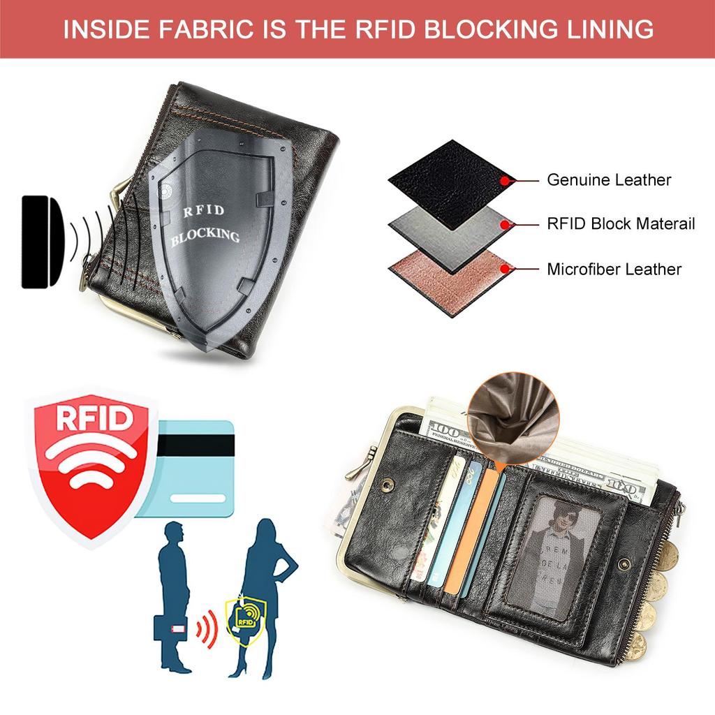 Женский кошелек из натуральной кожи, небольшой кошелек с металлическим каркасом, женский кошелек на застежке и молнии, карман для монет, держатель для кредитных карт, RFID-кошелек