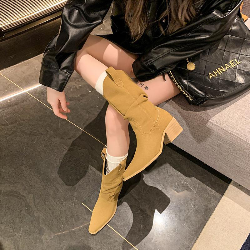 Осень и зима новые ретро остроносые толстые каблуки ковбойские сапоги в стиле вестерн средние тонкие сапоги рыцарские сапоги плиссированные ворсовые сапоги женские