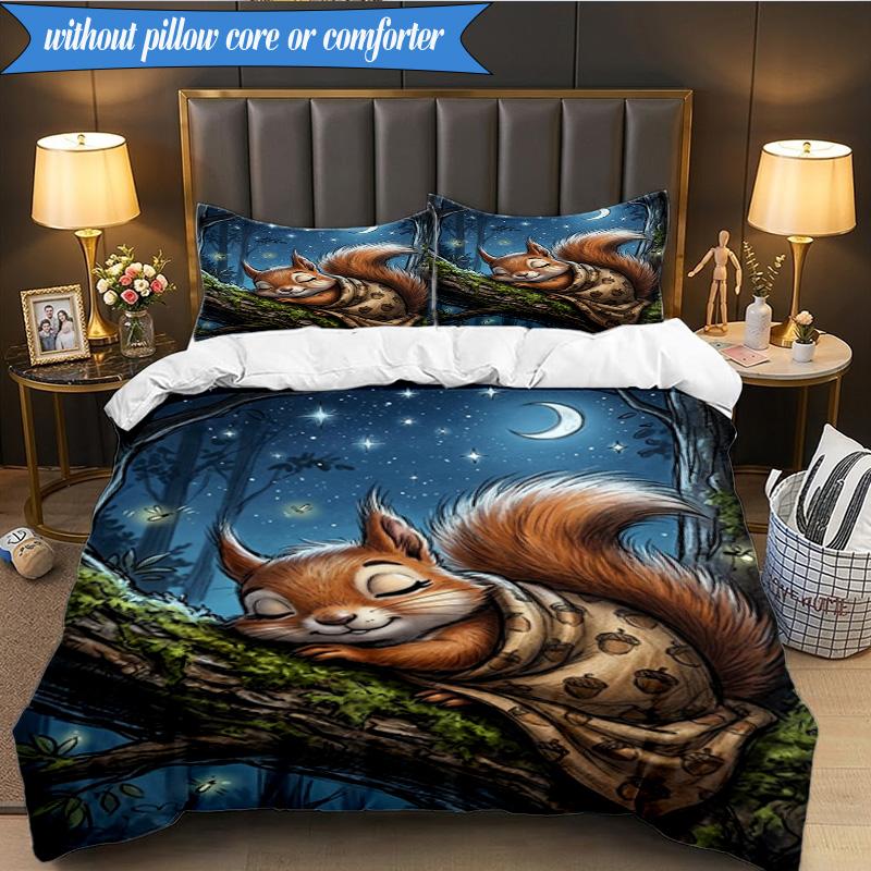 3PCS Squirrel Dreams Under Moonlight Bedding Set,Including 1pc Duvet Cover And 2pcs Pillowcases Perfect for Bedroom, Dormitory, Fan Christmas gift