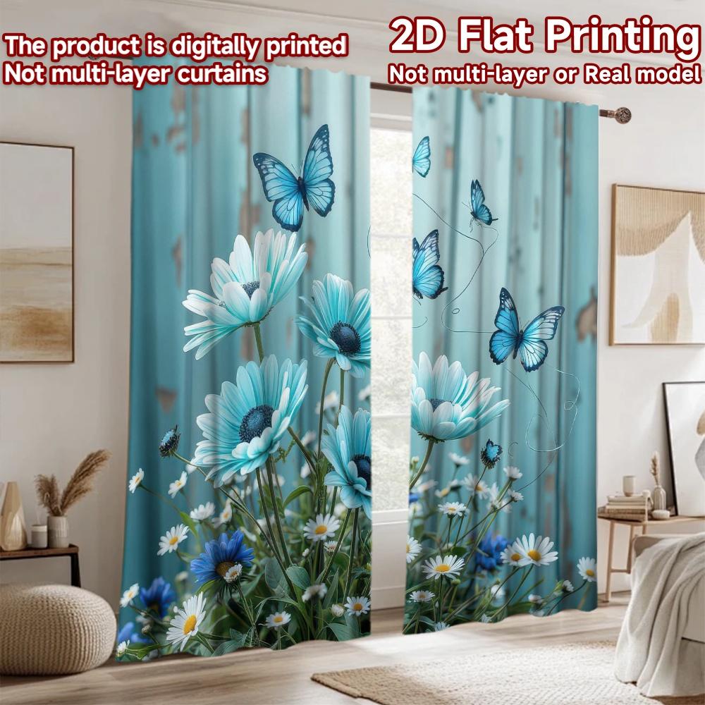 2D flat Photography Backdrop Scene Backdrop Blue Butterflies and Daisies 100% Polyester Family Party for Suitable for indoor