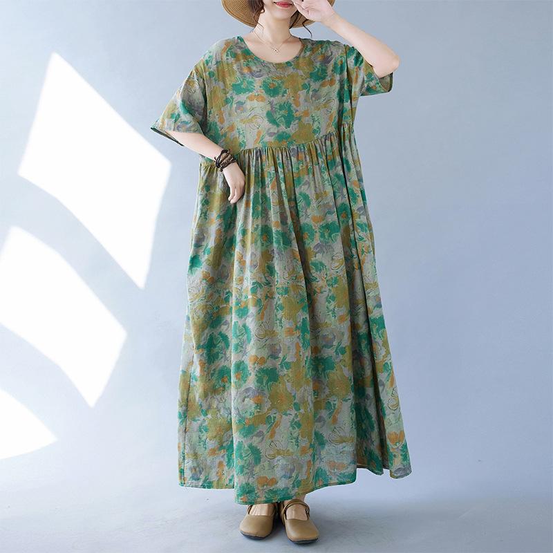 Новое женское длинное платье с круглым вырезом и принтом, свободное мягкое платье больших размеров, повседневное дышащее летнее пляжное платье для женщин