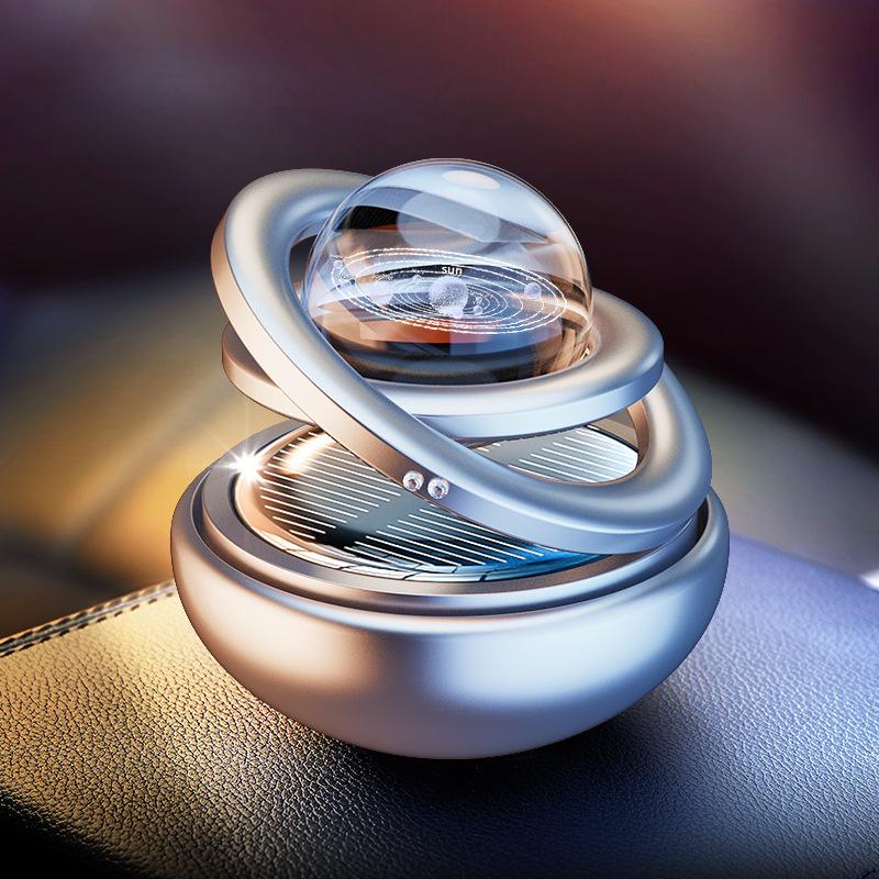 Solar Powered Rotating Car Decoration Auto Spinning Crystal Ball with Subtle Scent, Refillable Air Freshener Pad for Dashboard