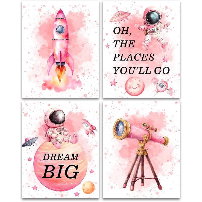 ZHAXFA Pink Outer Space Decor for Kids Room Girls Bedroom Watercolour Star Rocket Astronaut Posters Set Of 4 (8 x10 IN Unframed),Cute pirational Art