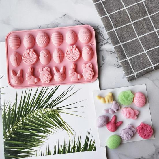 18 Cavity Cake Mold Non-stick Reusable Flexible Silicone Happy Easter Egg Rabbit Chocolate Baking Mould for Bakery