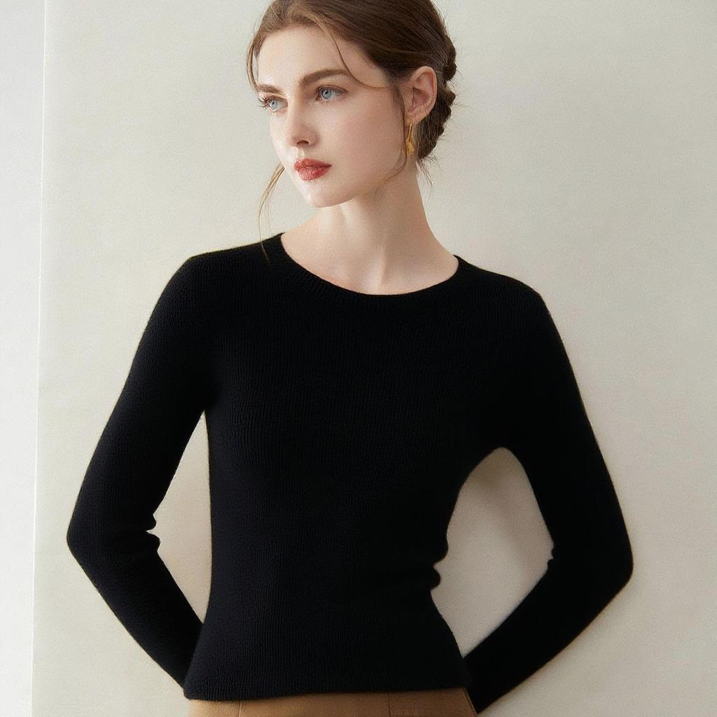 Elegant Women's Round Neck 100% Cashmere Slim Fit Sweater Dress
