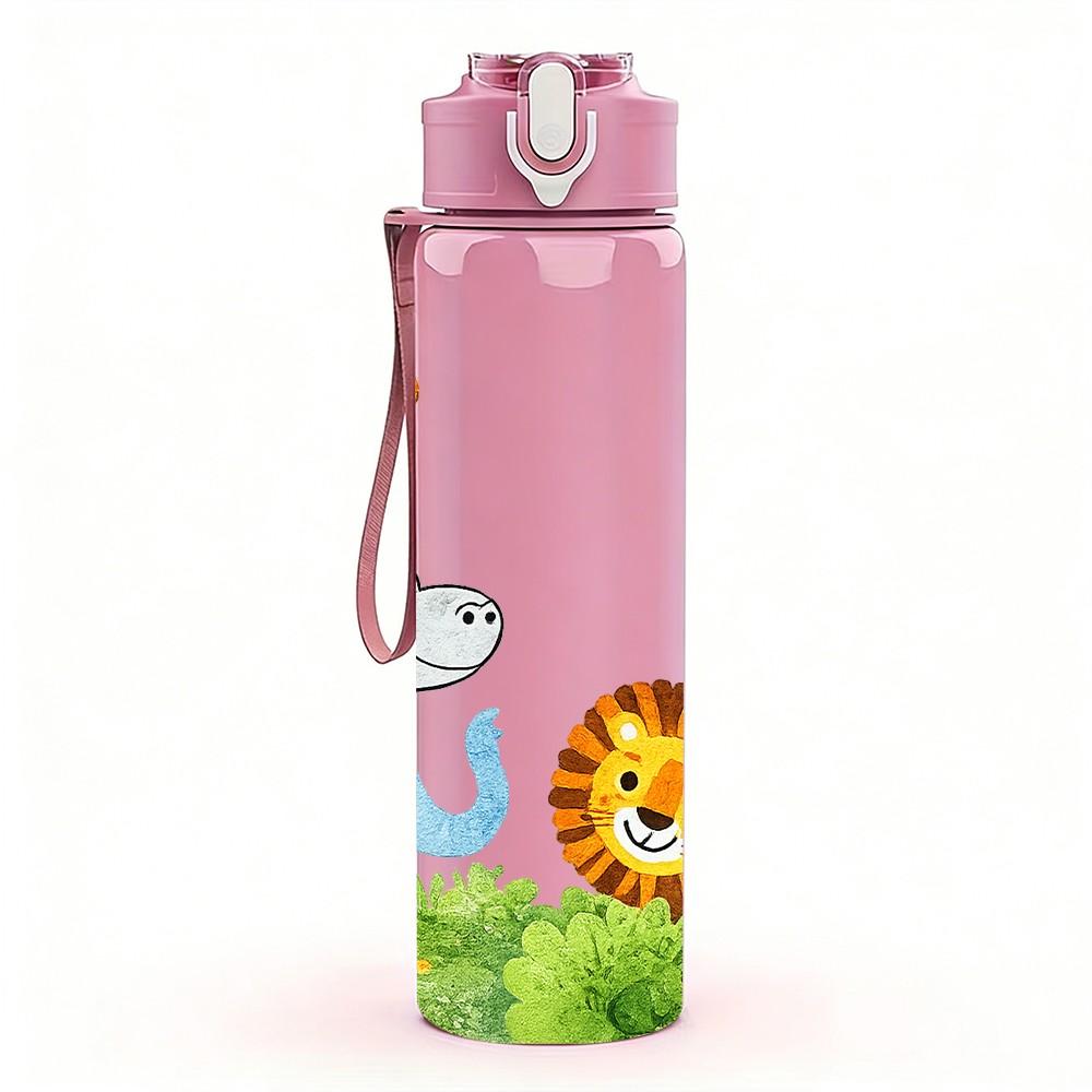 1PC Giraffe Lion Safari Animal Cartoon Print 750ml Color Plastic Sports Water Bottle Leakproof Flip Straw Lid Suitable for Sports Office Home Use