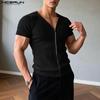 Men Summer V Neck Short Sleeve Zip-up Casual Slim T-shirts Tops