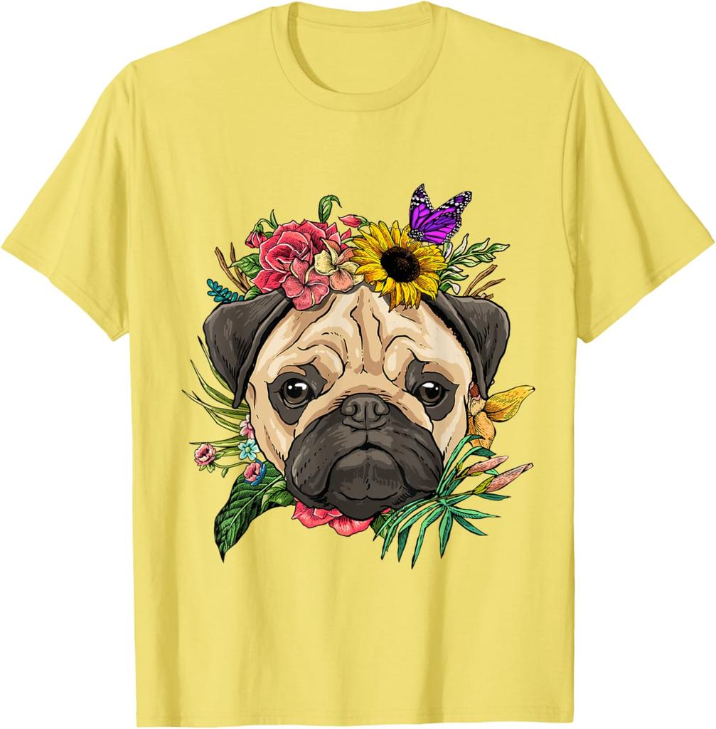 Pug Face Flower Crown Butterfly Graphic Tee Soft Cotton Casual Trip T-Shirt