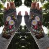 Cartoon Embroidered Hand Gloves Stretchy Knitted Mittens Fingerless Hand Warmer Flower Embroidery Half Finger Mittens