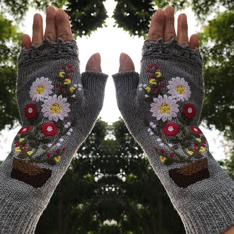 Cartoon Embroidered Hand Gloves Stretchy Knitted Mittens Fingerless Hand Warmer Flower Embroidery Half Finger Mittens