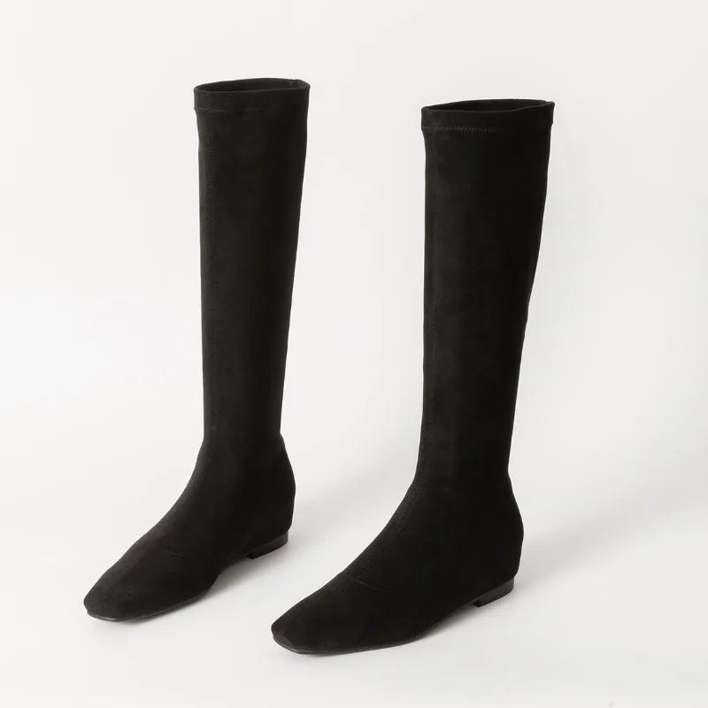 2024 Новые женские туфли, высокие женские сапоги, лаконичные современные сапоги, женские сшитые туфли с квадратным носком на танкетке, туфли до середины голени для женщин