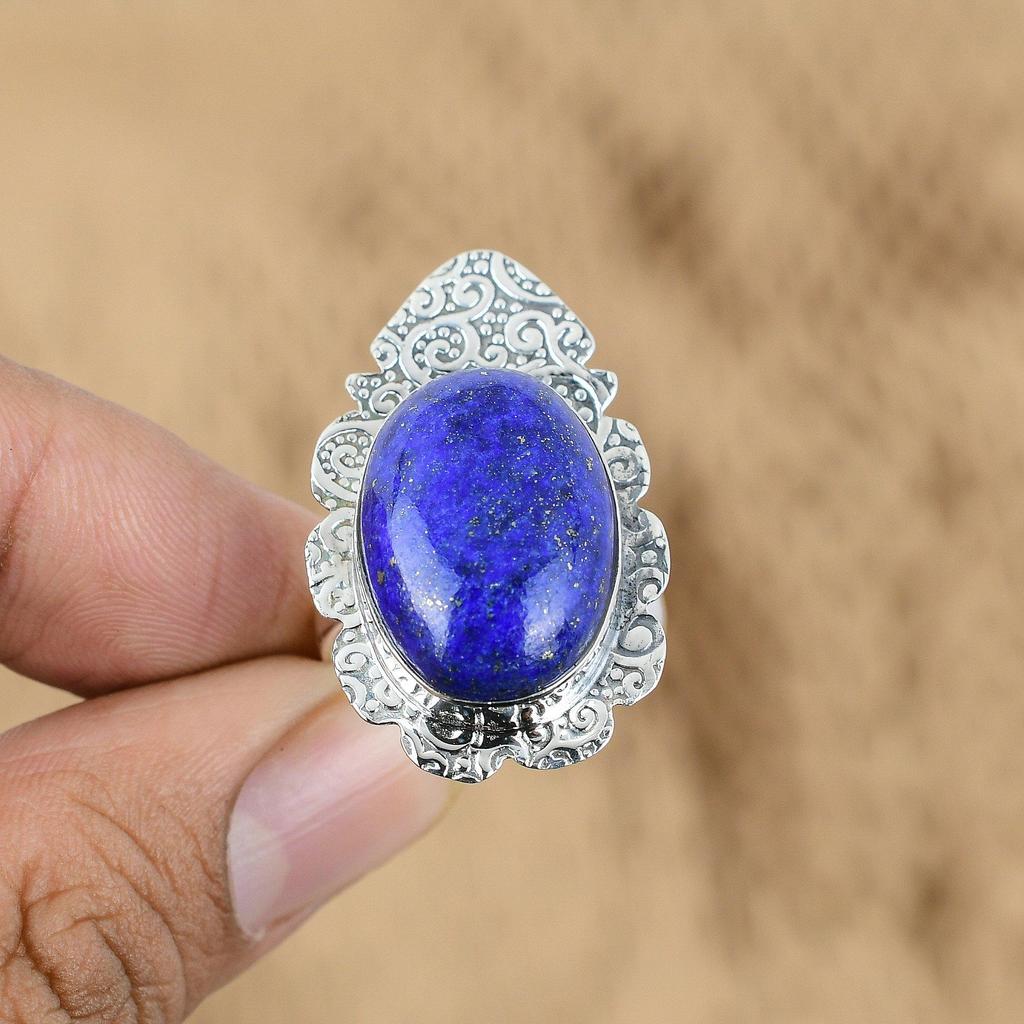Natural Lapis Lazuli Gemstone Multi Stone Adjustable Ring 925 Silver For Girls
