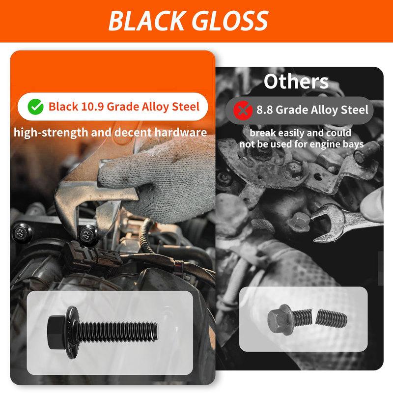 280PCS 10.9 Grade Black Flange Bolt Kit, M6x1.0 M8x1.25 M10x1.5 Hex Bolts Nuts Washers Set for Automotive (12-30mm)