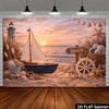 2D plane beach scenery background fabric sailing boats lighthouses and signs in the setting sun's glow polyester fiber