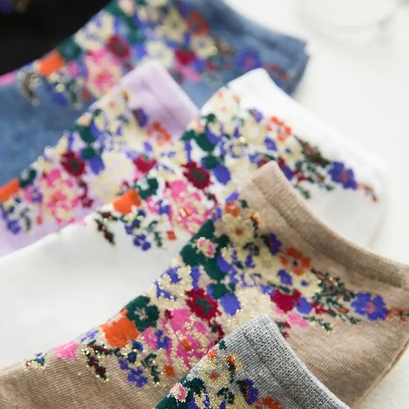 6 пар хлопковых носков средней длины с цветочным узором, женские носки и чулочно-носочные изделия