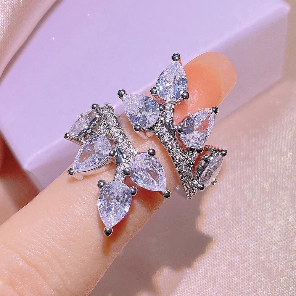 Super Flash Zircon Leaf Open Diamond Ring Design Sense Korean Light Luxury Trendy Ring