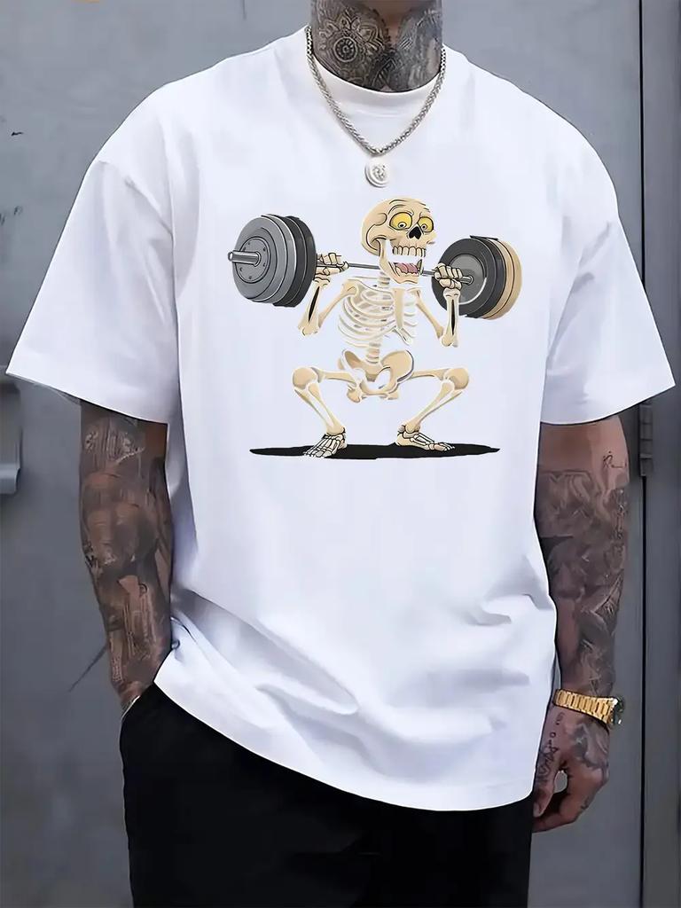 Fitness Skeleton Graphic Print T-shirt - Black Regular Fit Casual Short Sleeve Tee with Skeleton Lifting Weights Design