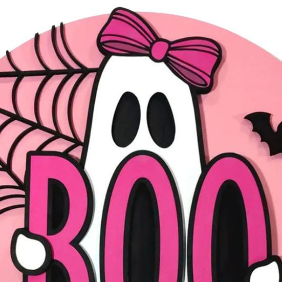 Halloween Wooden Pendant Sign Wooden Pink Ghost BOO Door Decor Fall Farmhouse Outdoor Porch