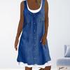 Women's Sleeveless Fake Two Piece Dress Summer Casual Crew Neck Denim Print Tank Dress Loose Fit A-line Mini Dress