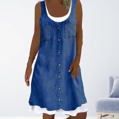 Женское платье без рукавов из двух частей, летнее, повседневное, с круглым вырезом, джинсовое