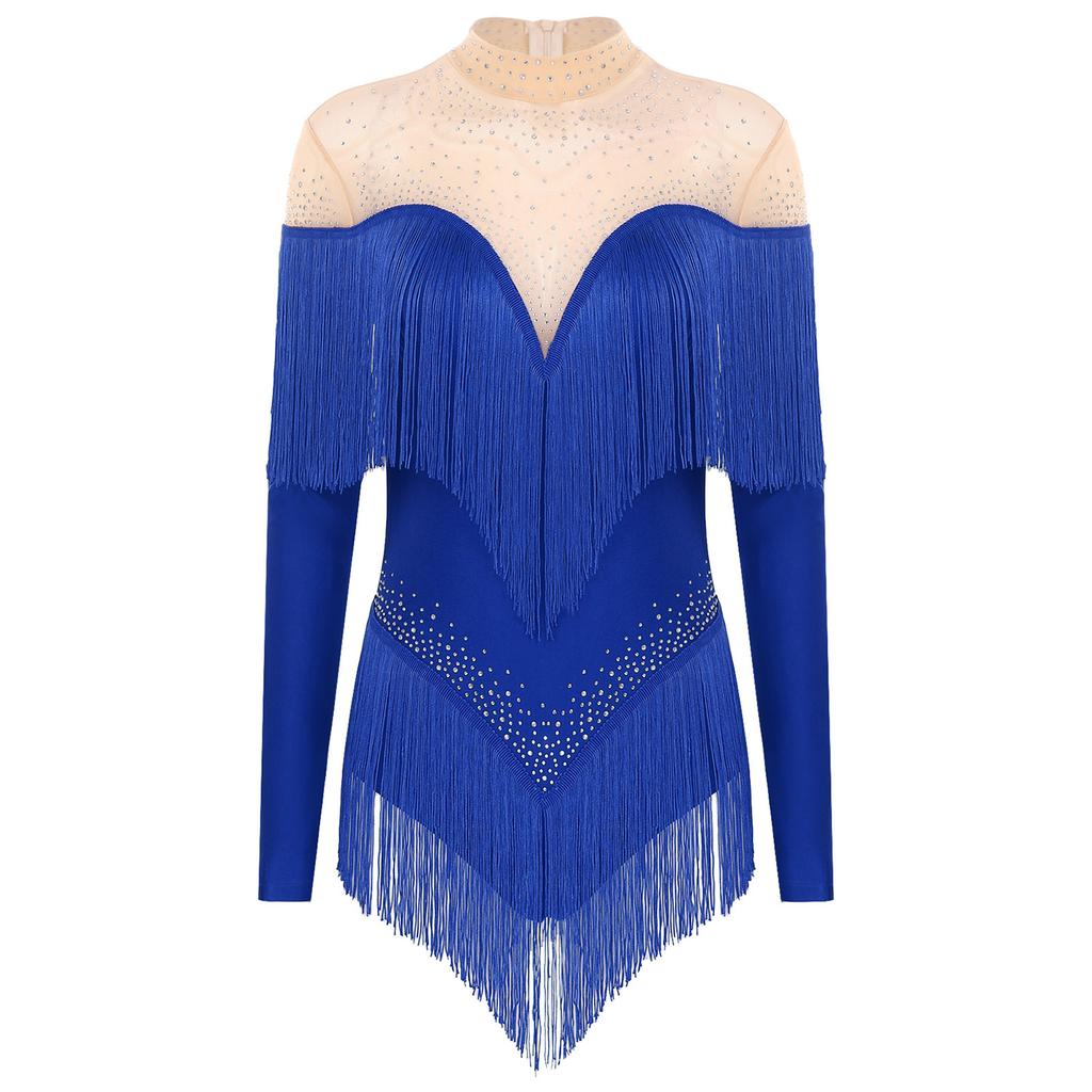 Женский латинский купальник с бахромой, воротником-стойкой, сетчатыми длинными рукавами, блестящими стразами, боди с бахромой