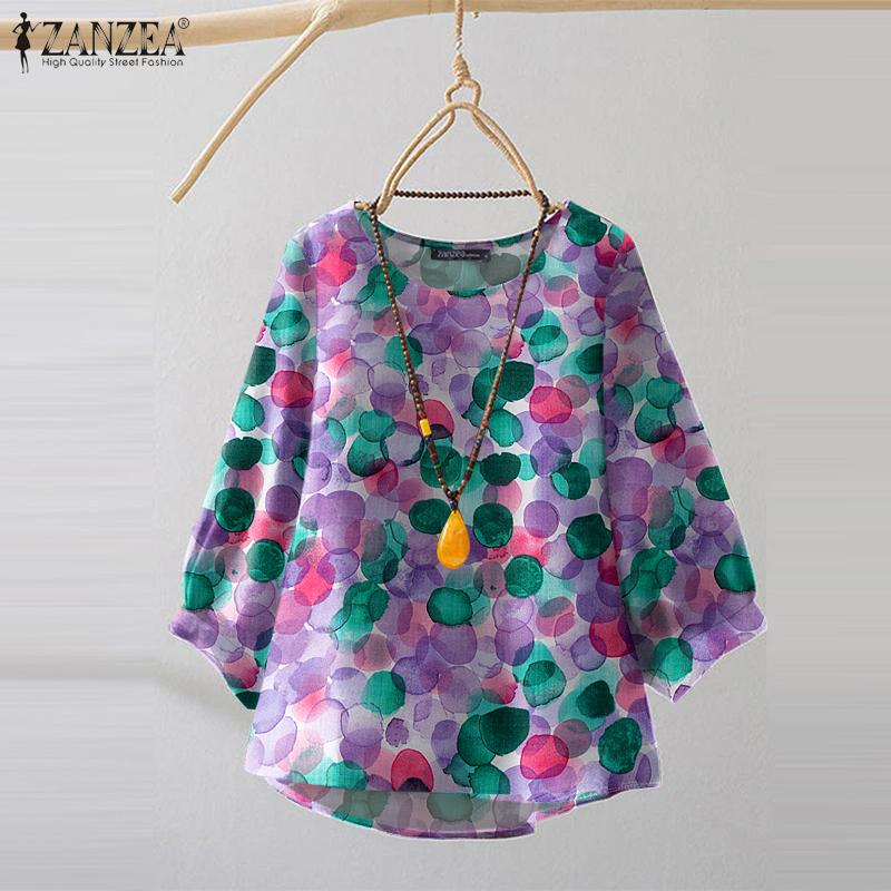 ZANZEA Women Print Casual Round Neck 3/4 Sleeve Loose Blouse