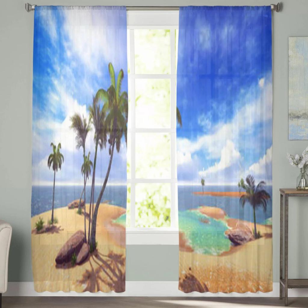Beach Palm Tree Sheer Window Curtains for Living Room Girl Bedroom Tulle Curtains Kitchen Veil Chiffon Drapes