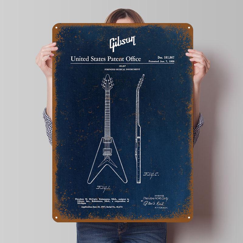 Металлические таблички с патентом на гитару Gibson, гитарный постер, декор для украшения комнаты, изготовленная на заказ жестяная табличка для настенного декора, ретро для дома