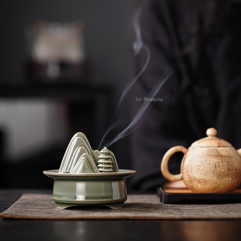 Zen Ceramic Green Mountain Incense Burner Temple Worship Household Indoor Censer Chinese-style Creative Tabletop Decoration