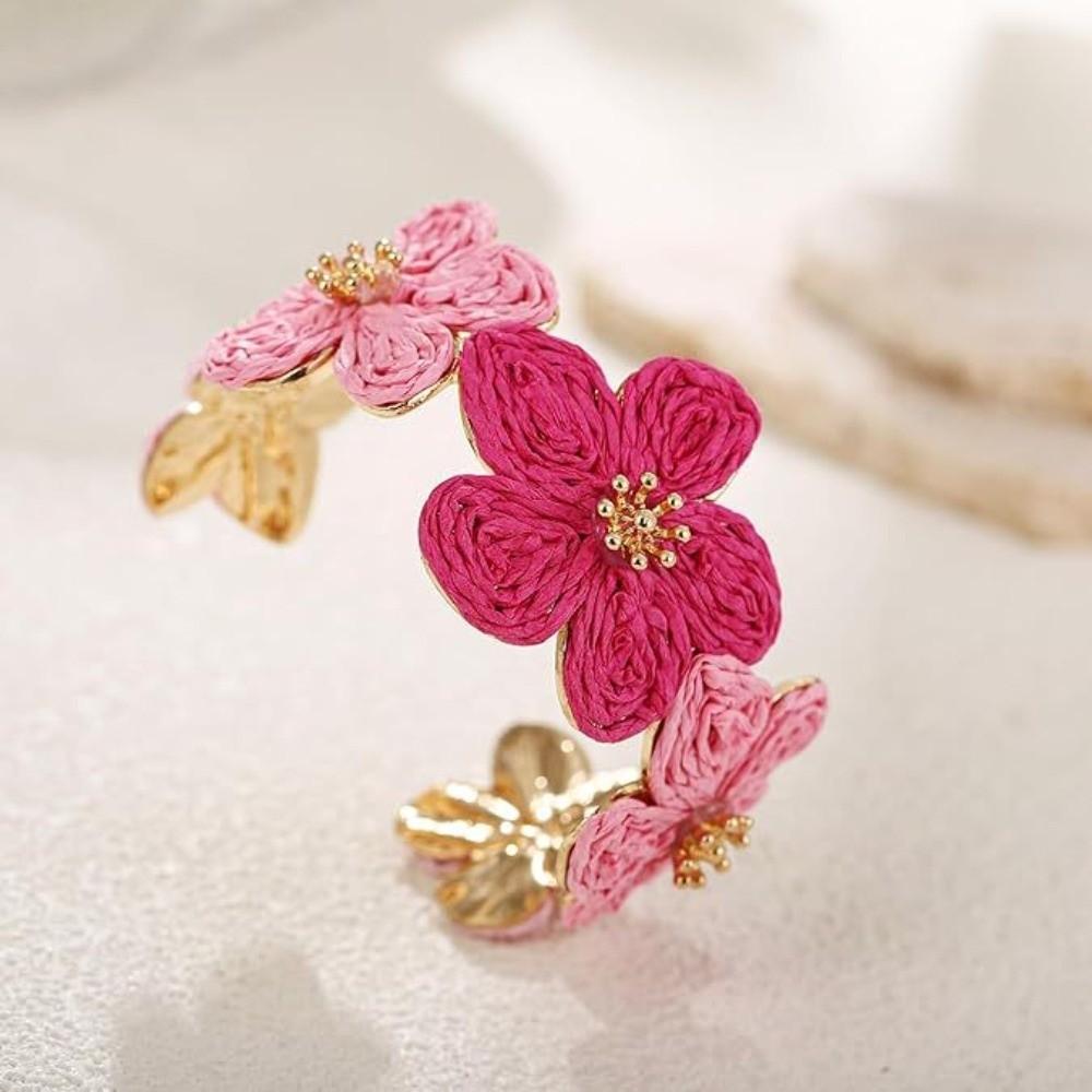 C-shaped Woven Flower Bangle Vintage Hand Ring Retro Raffia Grass Bracelet Daily
