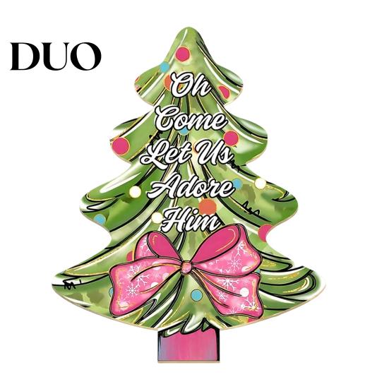 Christmas Desk Centerpiece Colorful Tree Tabletop Decor, Wooden Plaid Patterned Xmas Signs with Holiday Table Ornament Merry Greetings, Farmhouse