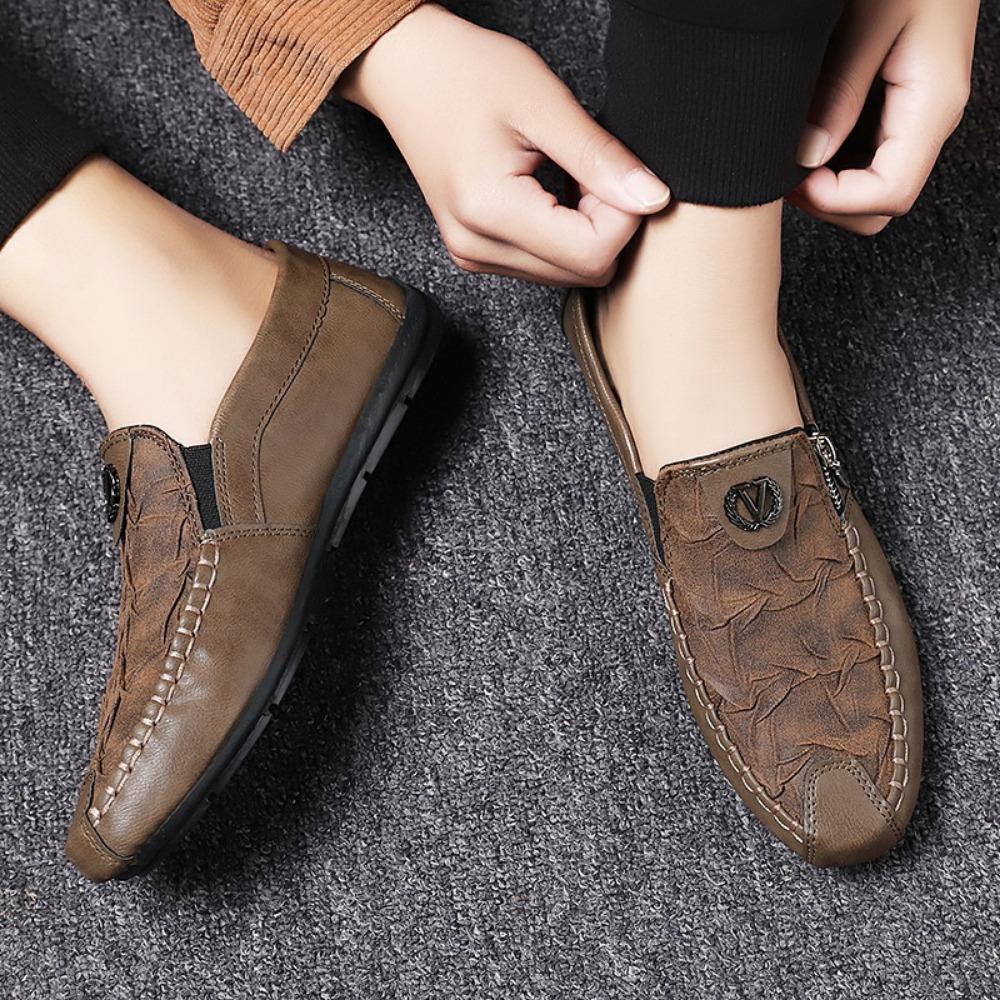 Fashion Men's Shoes Fashion Zippered Casual Leather Shoes Luxury Soft Soled Driving Shoes Designer Loafers Men Leather Half Slippers