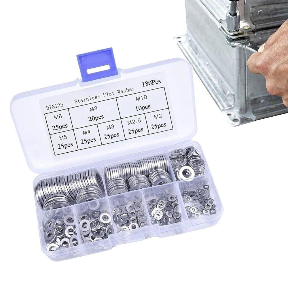 180pcs 304 Stainless Steel Flat Washer Assortment Flat Design Plain Gasket Set Factory Maintenance