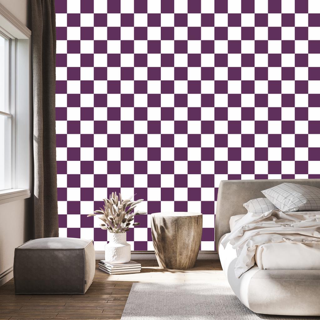 Checkerboard Wallpaper in White, Plum and Purple for Living Room and Bedroom 50x1000