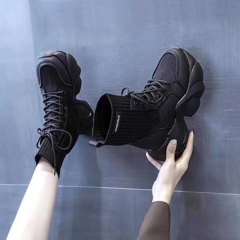 Осень 2024 женские ботильоны-носки модные ботильоны на шнуровке с круглым носком на платформе туфли в стиле панк женские элегантные короткие ботильоны