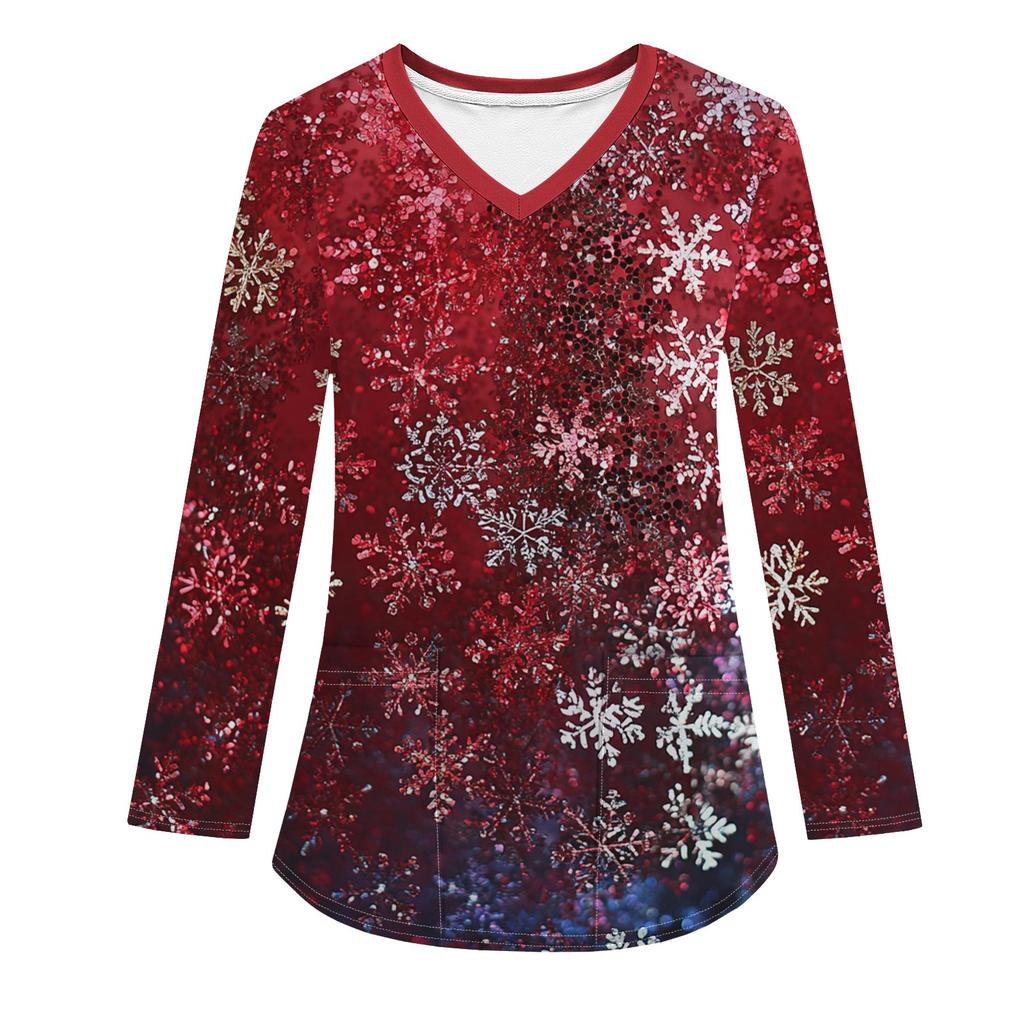 Женская модная рабочая одежда с V-образным вырезом, длинным рукавом и карманом, рождественский принт, футболка, топ