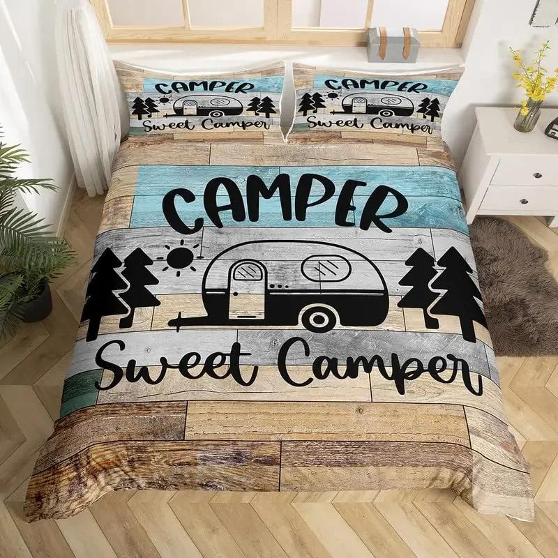 Camper Bedding Set Kids Happy Camping Duvet Cover Set Microfiber Rv Camping Quilt Cover Camper Accessories For Travel Trailers