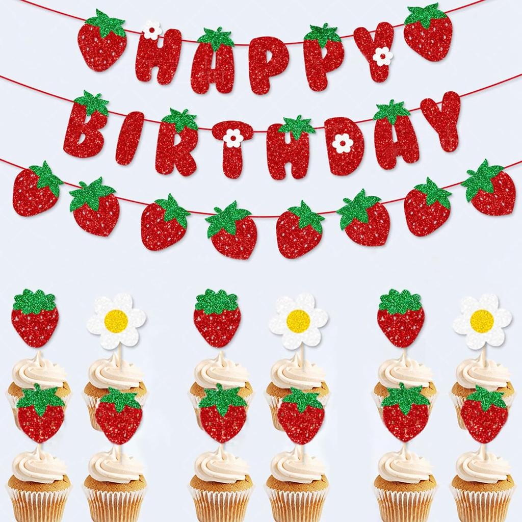 TSJ Strawberry Banner Garland Decor Glitter Berry Hanging Decorations Strawberry Themed Party Favors for Birthday Party Baby Shower