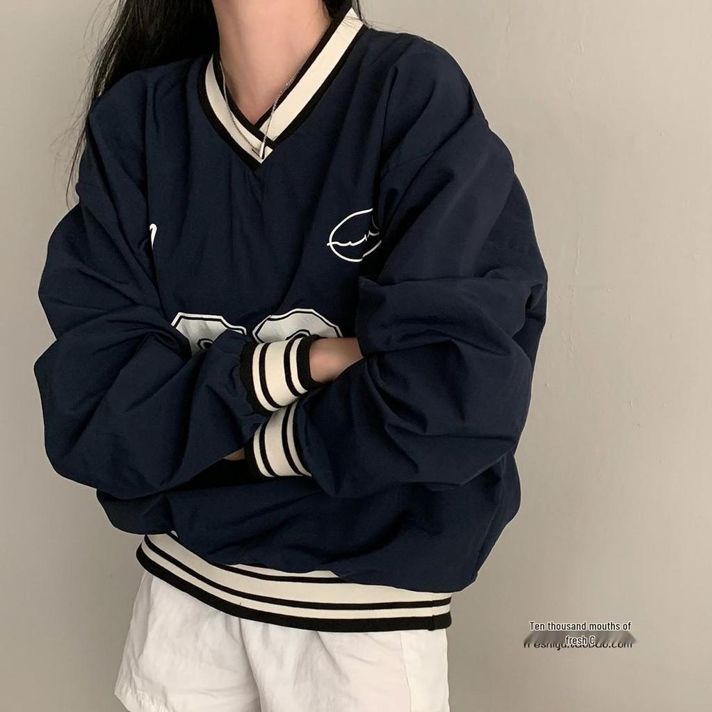 Темно-синий свитшот для бейсбольной девушки с V-образным вырезом и цветными блоками - Повседневный свободный крой, Тонкий с длинным рукавом