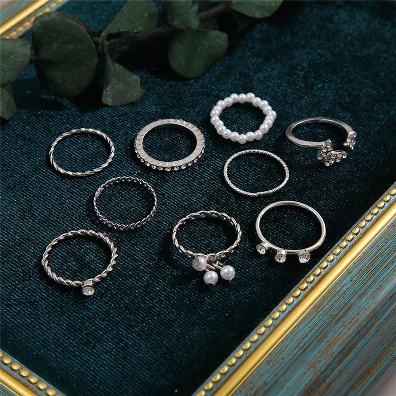 Fashion Hollow Butterfly Ring Set 9PCS Elegant Vintage Crystal Women Finger Cute Pearl Jewelry Wedding Party Gift