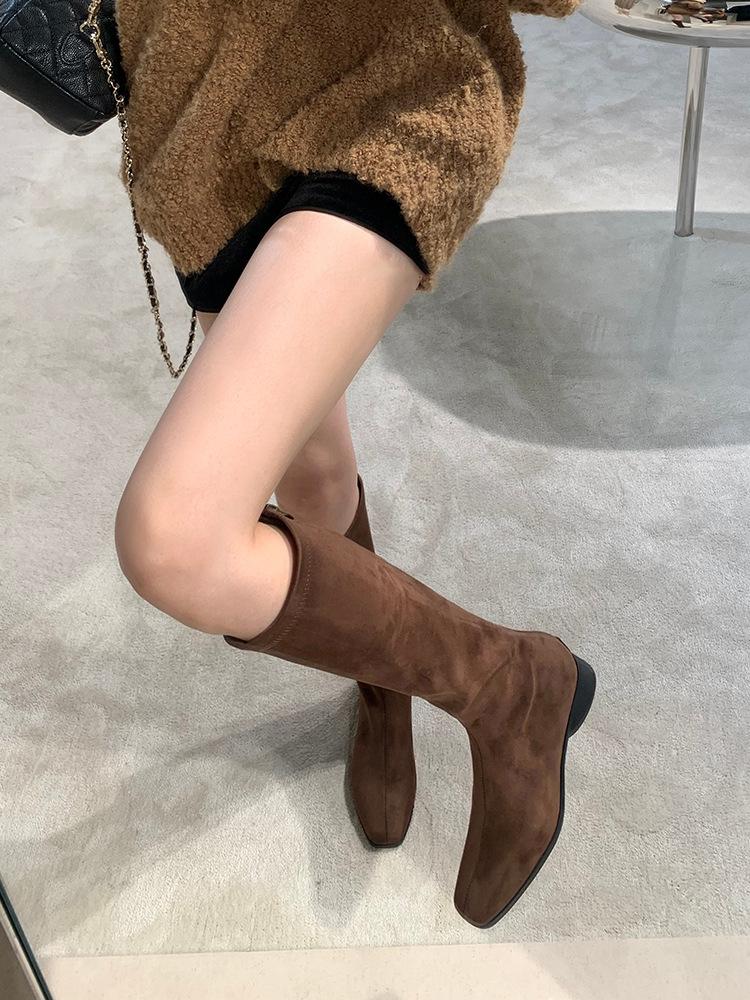 Версия из коровьей кожи~ Кожаные сапоги на толстом каблуке в стиле ретро с молнией сзади Женские замшевые тонкие сапоги Высокие сапоги Рыцарские сапоги Длинные сапоги